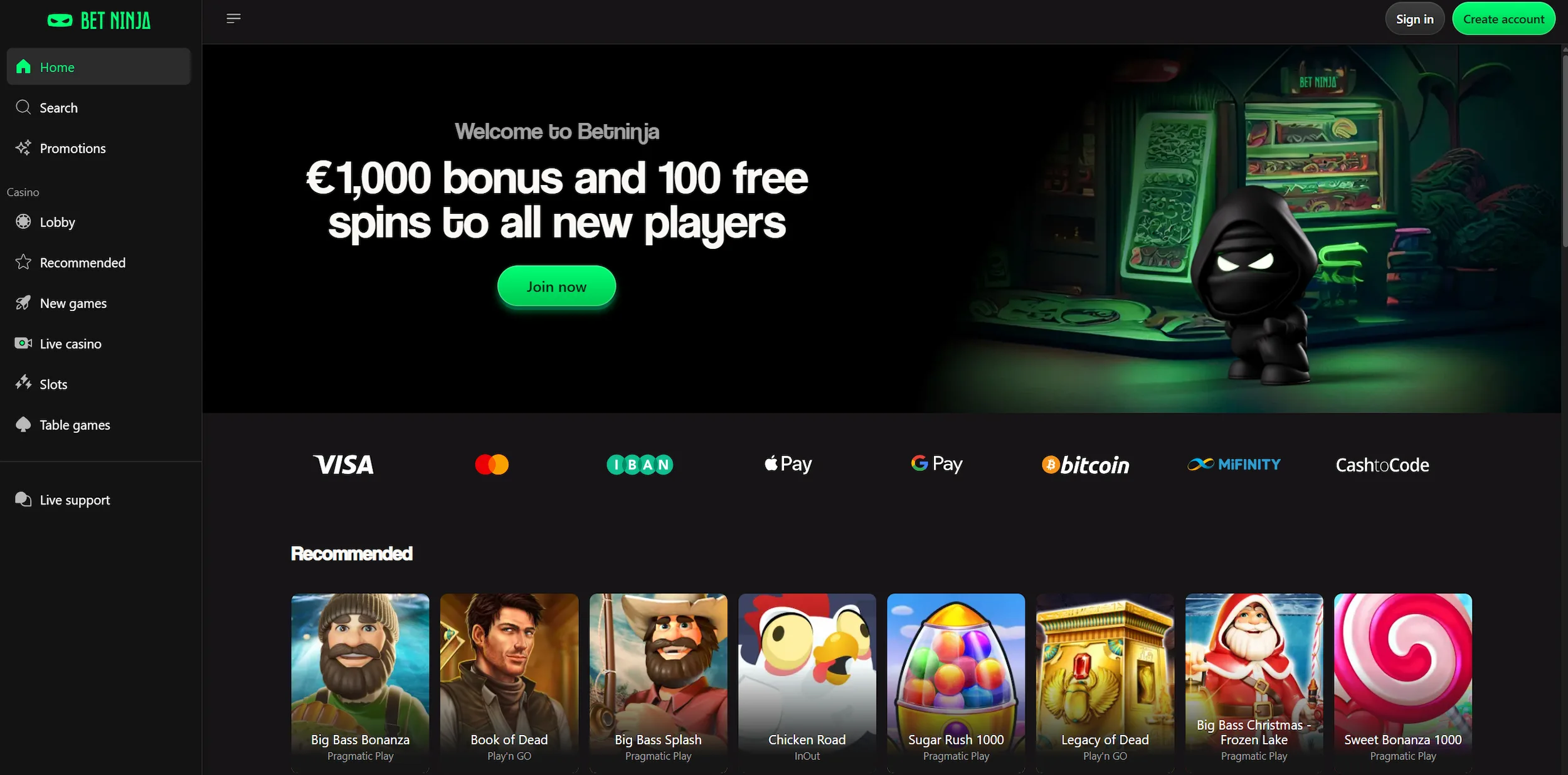 BetNinja casino page featuring welcome offer, recommended online pokies and site navigation