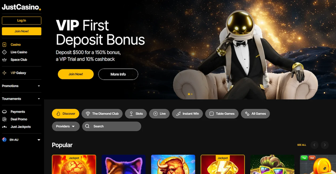 JustCasino page featuring VIP first deposit bonus, popular online pokies and site main navigation